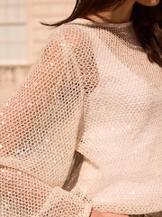 Mint Velvet Natural Sequin Layered Balloon Top - Image 3 of 8