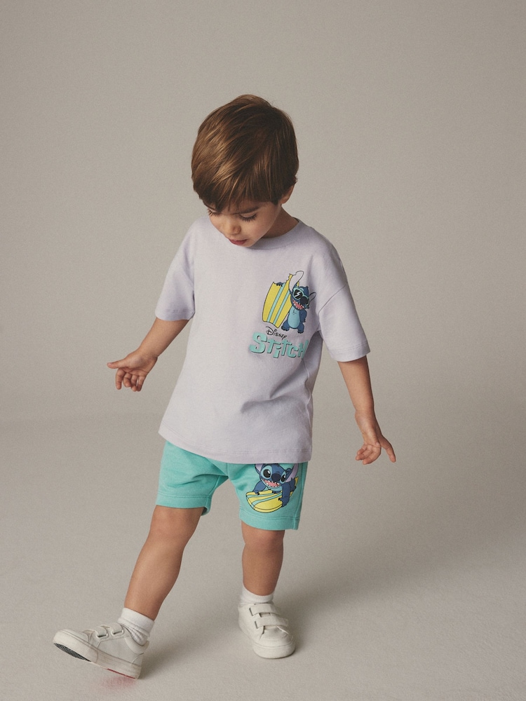 Lilac Purple/Green Lilo & Stitch Short Sleeve 100% Cotton T-Shirt and Shorts Set (3mths-8yrs) - Image 1 of 8