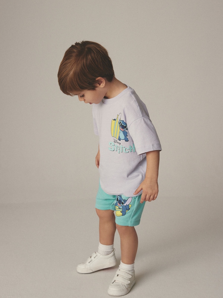 Lilac Purple/Green Lilo & Stitch Short Sleeve 100% Cotton T-Shirt and Shorts Set (3mths-8yrs) - Image 2 of 8