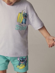 Lilac Purple/Green Lilo & Stitch Short Sleeve 100% Cotton T-Shirt and Shorts Set (3mths-8yrs) - Image 4 of 8