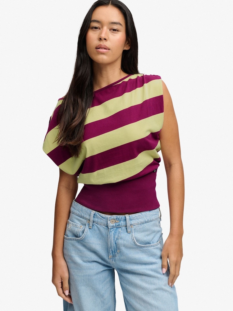 Superdry Purple Deep Rib Stripe Bardot Top - Image 1 of 7