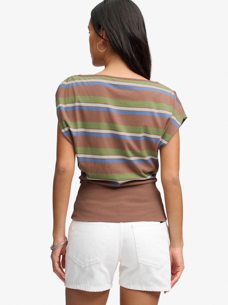 Superdry Brown Deep Rib Stripe Bardot Top - Image 2 of 7