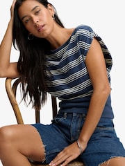 Superdry Blue Deep Rib Stripe Bardot Top - Image 1 of 7