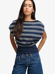 Superdry Blue Deep Rib Stripe Bardot Top - Image 4 of 7