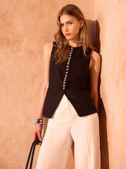 Mint Velvet Black Linen Button Detail Waistcoat - Image 1 of 8