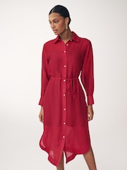Red TENCEL™ Blend Belted Shirt Dress with Linen - Image 1 of 10