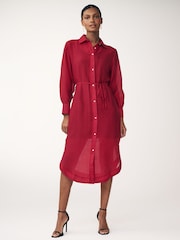 Red TENCEL™ Blend Belted Shirt Dress with Linen - Image 2 of 10