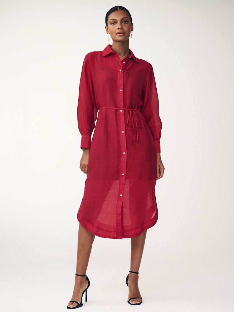 Red TENCEL™ Blend Belted Shirt Dress with Linen - Image 2 of 10