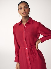 Red TENCEL™ Blend Belted Shirt Dress with Linen - Image 4 of 10