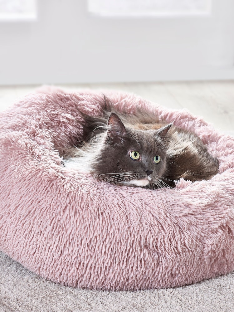 Pink Round Faux Fur Pet Bed - Image 1 of 4