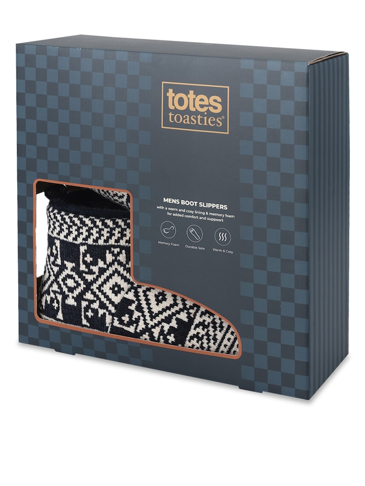 Totes Blue Fair Isle Knitted Boots Slippers - Image 2 of 5 Totes Blue Fair Isle Knitted Boots Slippers - Image 2 of 5