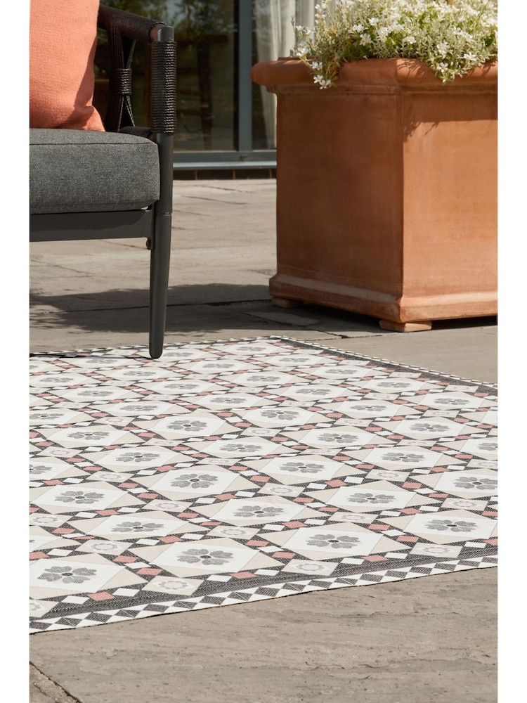 Monochrome Rust Brown Vinyl Traditional Tile Indoor Outdoor Rug - Image 2 of 7