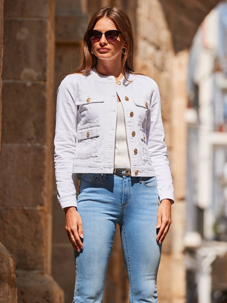Sosandar White Pocket Front Denim Jacket With Gold Button Detail - Image 1 of 5