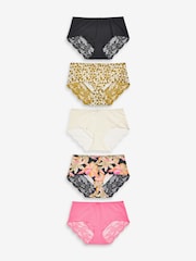 Schwarz Geblümt/Grüner Druck/Schwarz/Rosa/Creme - Nahtlose Brazilian-Spitzenslips im 5er-Pack - Bild 1 von 9