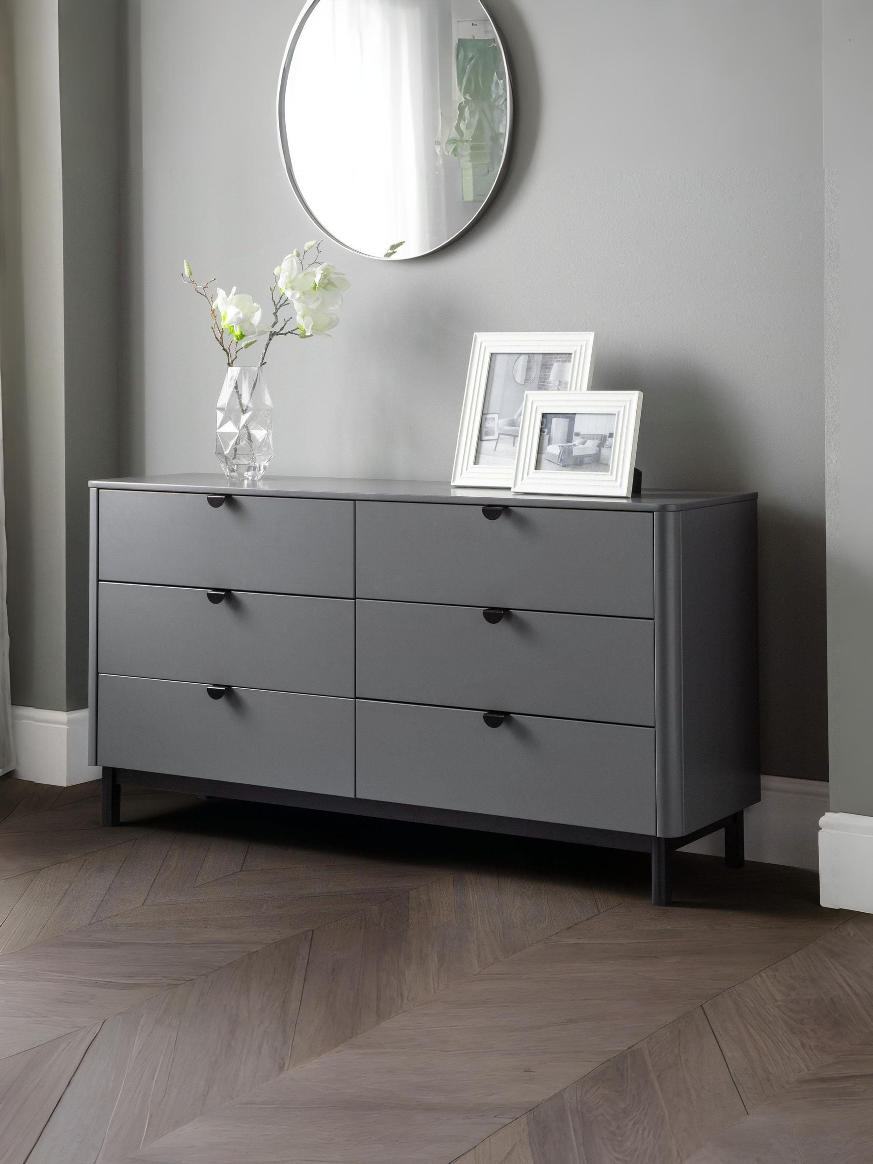 Julian Bowen Chloe 6 Drawer Wide Chest of Drawers - Storm Grey Lacquer - Satin Black Legs & Handles - Image 5