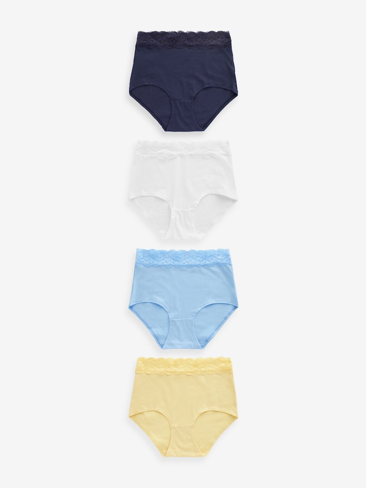 White/Blue/Yellow Full Brief Cotton and Lace Knickers 4 Pack - Image 1 of 8