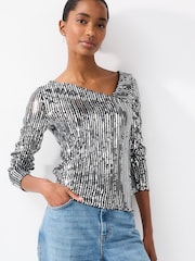 Striped Silver Sequin Long Sleeve Asymmetric Party Top - Image 1 of 6