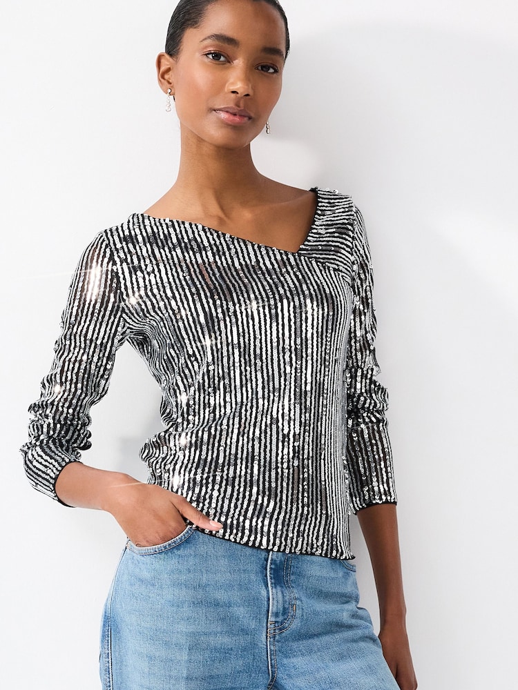 Striped Silver Sequin Long Sleeve Asymmetric Party Top - Image 1 of 6