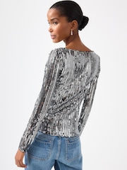 Striped Silver Sequin Long Sleeve Asymmetric Party Top - Image 3 of 6