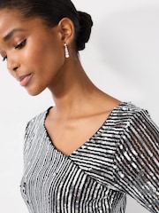 Striped Silver Sequin Long Sleeve Asymmetric Party Top - Image 4 of 6