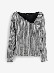 Striped Silver Sequin Long Sleeve Asymmetric Party Top - Image 5 of 6