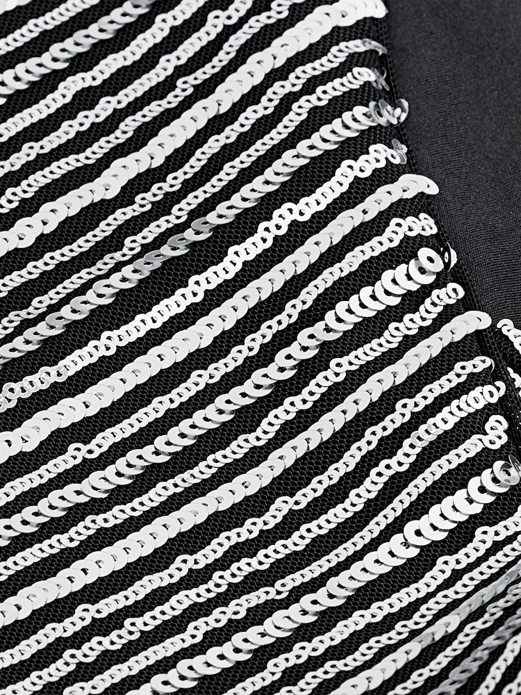 Striped Silver Sequin Long Sleeve Asymmetric Party Top - Image 6 of 6