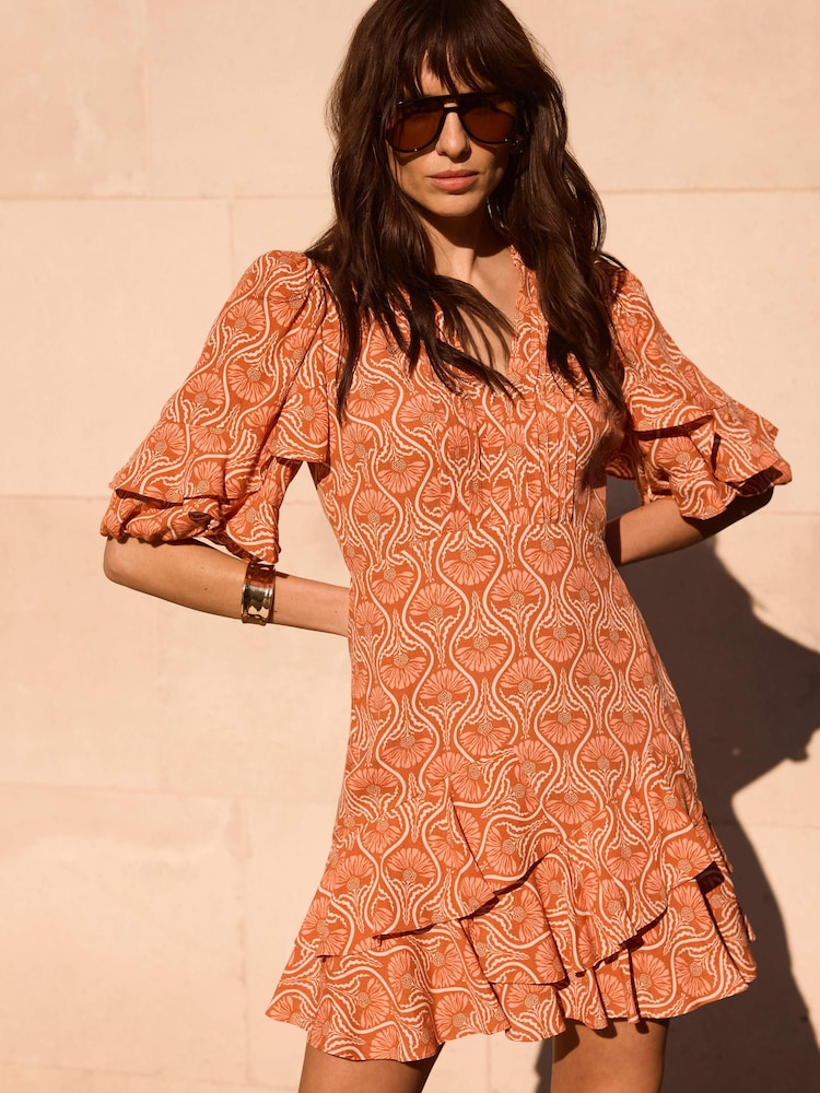 Mint Velvet Orange Printed Ruffle Mini Dress - Image 1 of 7 Mint Velvet Orange Printed Ruffle Mini Dress - Image 1 of 7