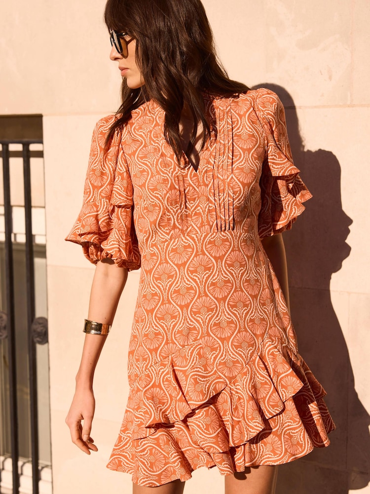 Mint Velvet Orange Printed Ruffle Mini Dress - Image 2 of 7 Mint Velvet Orange Printed Ruffle Mini Dress - Image 2 of 7
