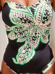 Black/Green Floral Tummy Shaping Control Bandeau Swimsuit - Image 6 of 7