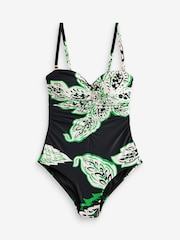 Black/Green Floral Tummy Shaping Control Bandeau Swimsuit - Image 7 of 7