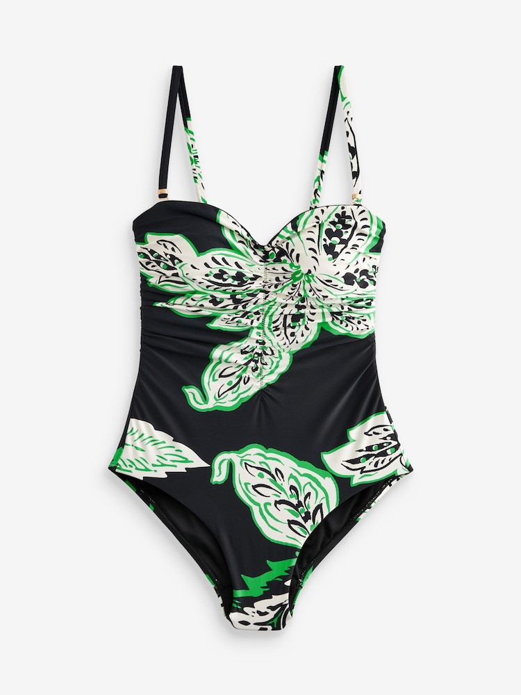 Black/Green Floral Tummy Shaping Control Bandeau Swimsuit - Image 7 of 7