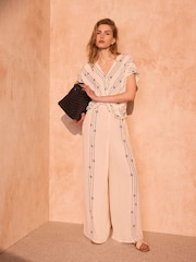 Mint Velvet Cream Printed Wide Trousers - Image 1 of 7