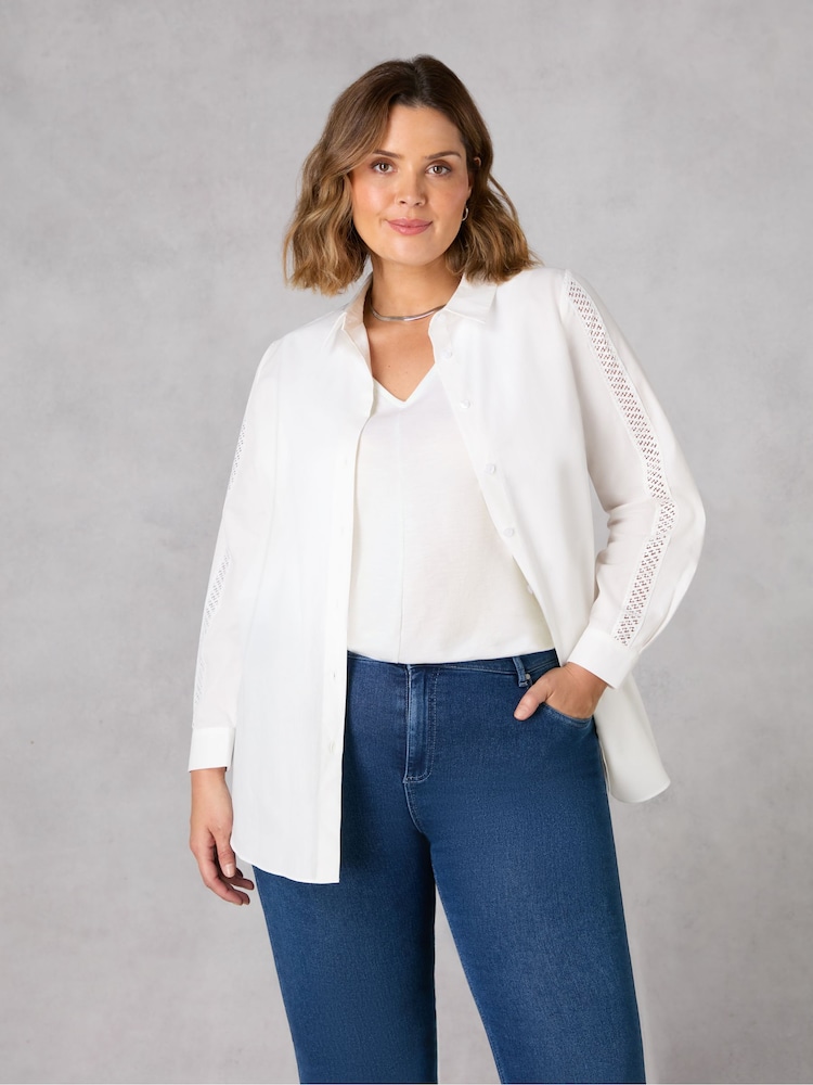 Live Unlimited White Curve Crochet Trim Longline 100% Cotton Shirt - Image 1 of 5