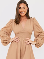 In The Style Beige Carys Whittaker Shirred Waist Button Detail Plunge Long Sleeve Playsuit - Image 2 of 5