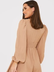 In The Style Beige Carys Whittaker Shirred Waist Button Detail Plunge Long Sleeve Playsuit - Image 3 of 5