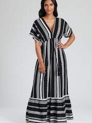 South Beach Black White Embroidered Jacquard V-Neck Tiered Maxi Dress - Image 1 of 5