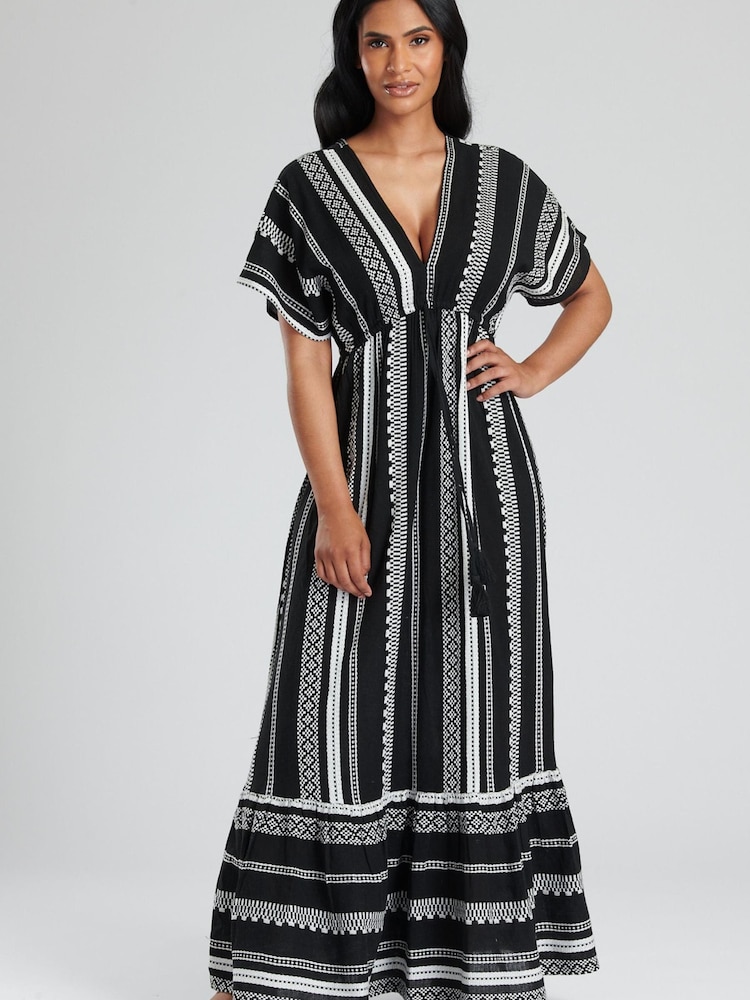 South Beach Black White Embroidered Jacquard V-Neck Tiered Maxi Dress - Image 1 of 5