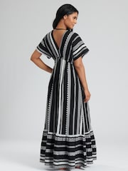 South Beach Black White Embroidered Jacquard V-Neck Tiered Maxi Dress - Image 2 of 5