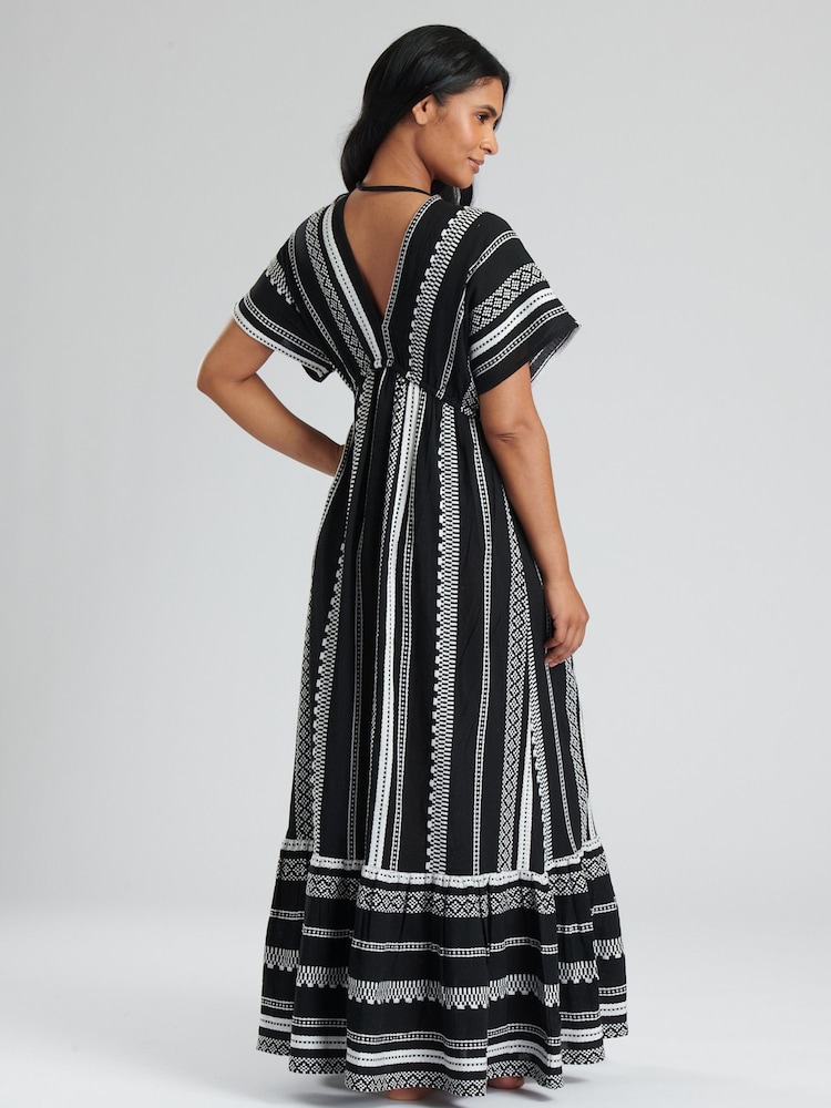 South Beach Black White Embroidered Jacquard V-Neck Tiered Maxi Dress - Image 2 of 5