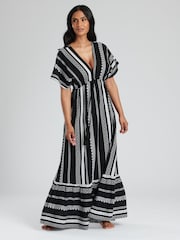 South Beach Black White Embroidered Jacquard V-Neck Tiered Maxi Dress - Image 4 of 5