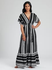 South Beach Black White Embroidered Jacquard V-Neck Tiered Maxi Dress - Image 5 of 5