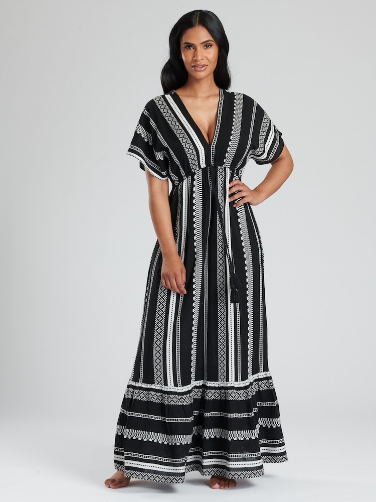 South Beach Black White Embroidered Jacquard V-Neck Tiered Maxi Dress - Image 5 of 5