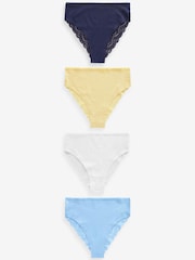 White/Blue/Yellow High Rise High Leg Cotton and Lace Knickers 4 Pack - Image 1 of 8