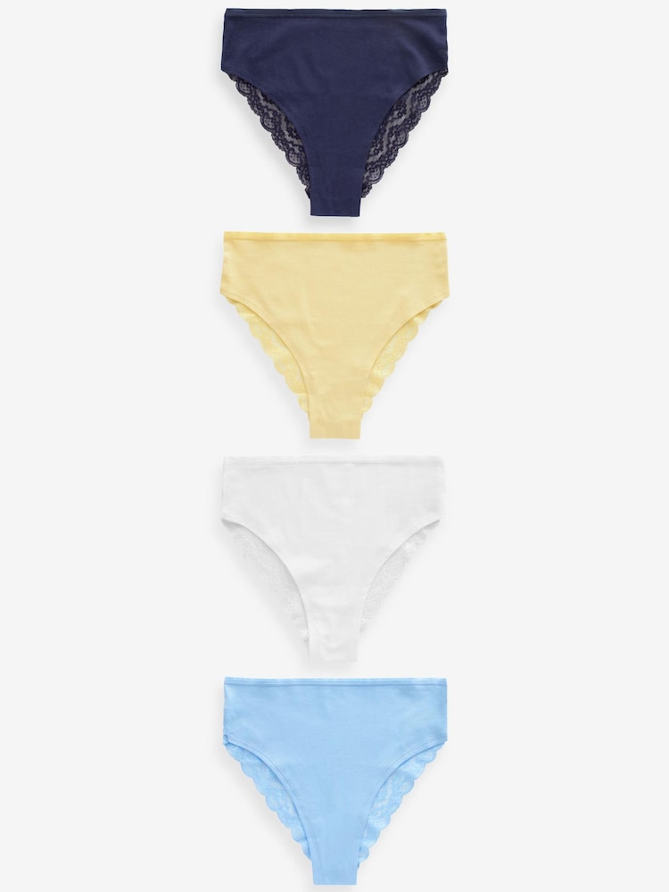 White/Blue/Yellow High Rise High Leg Cotton and Lace Knickers 4 Pack - Image 1 of 8