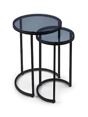 Julian Bowen Black Smoked Glass Chicago Round Nest of 2 Side Tables - Image 1 of 6