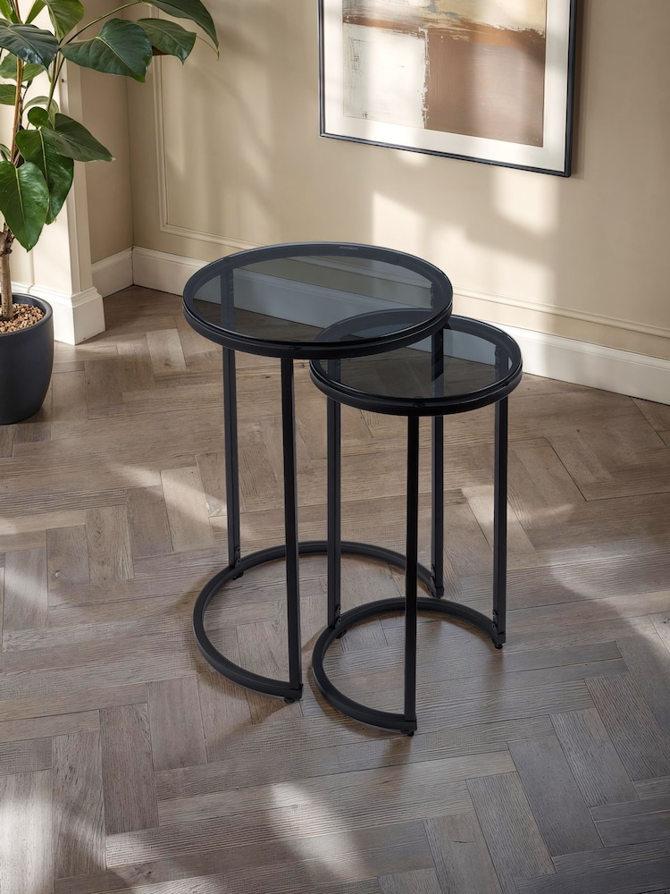 Julian Bowen Black Smoked Glass Chicago Round Nest of 2 Side Tables - Image 1 of 7 Julian Bowen Black Smoked Glass Chicago Round Nest of 2 Side Tables - Image 1 of 7