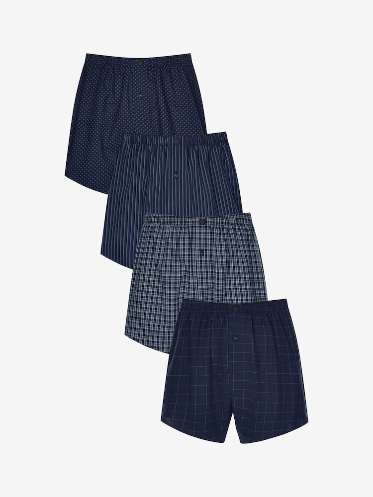NavyBlue 4 pack Woven Pure 100% Cotton Boxers - Image 1 of 9