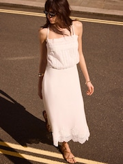 Mint Velvet White Ramie Lace Trim Midi Skirt - Image 6 of 8