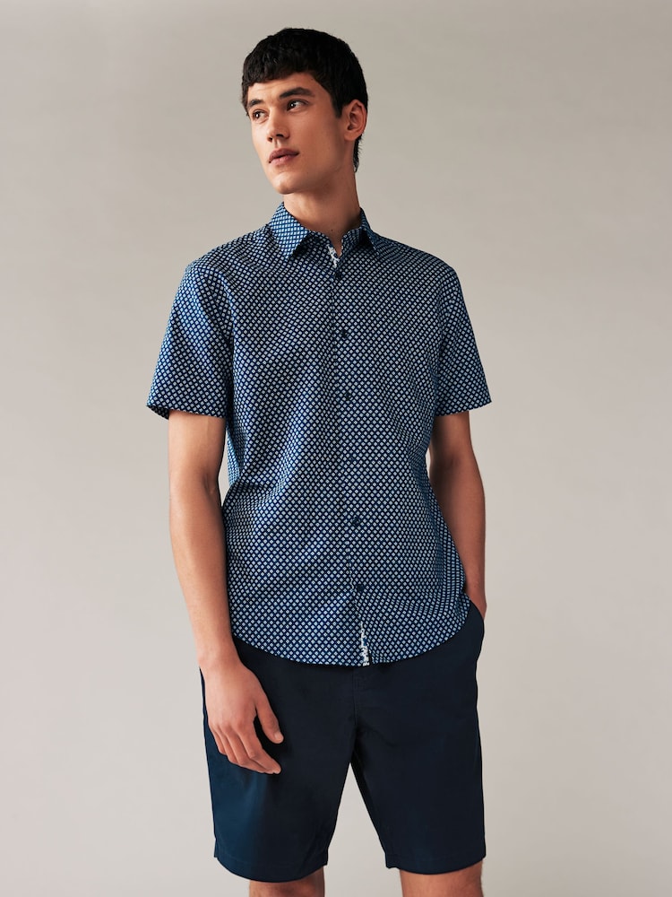 Navy Blue Geometric Printed Linen Blend Shirt - Image 1 of 8