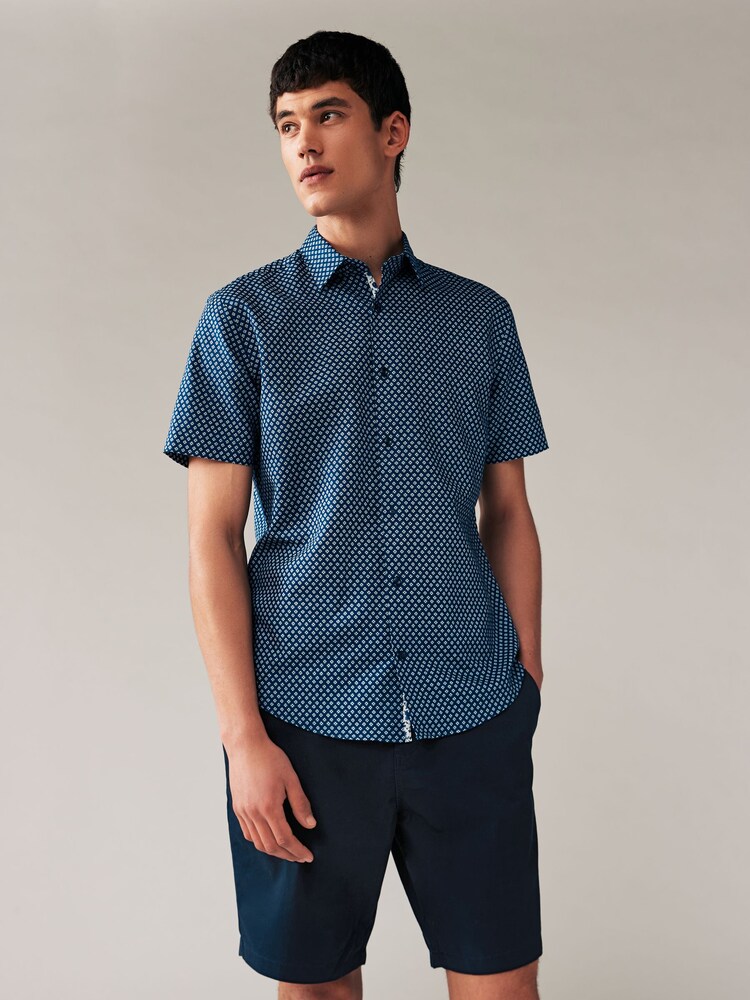 Navy Blue Geometric Printed Linen Blend Shirt - Image 1 of 8 Navy Blue Geometric Printed Linen Blend Shirt - Image 1 of 8